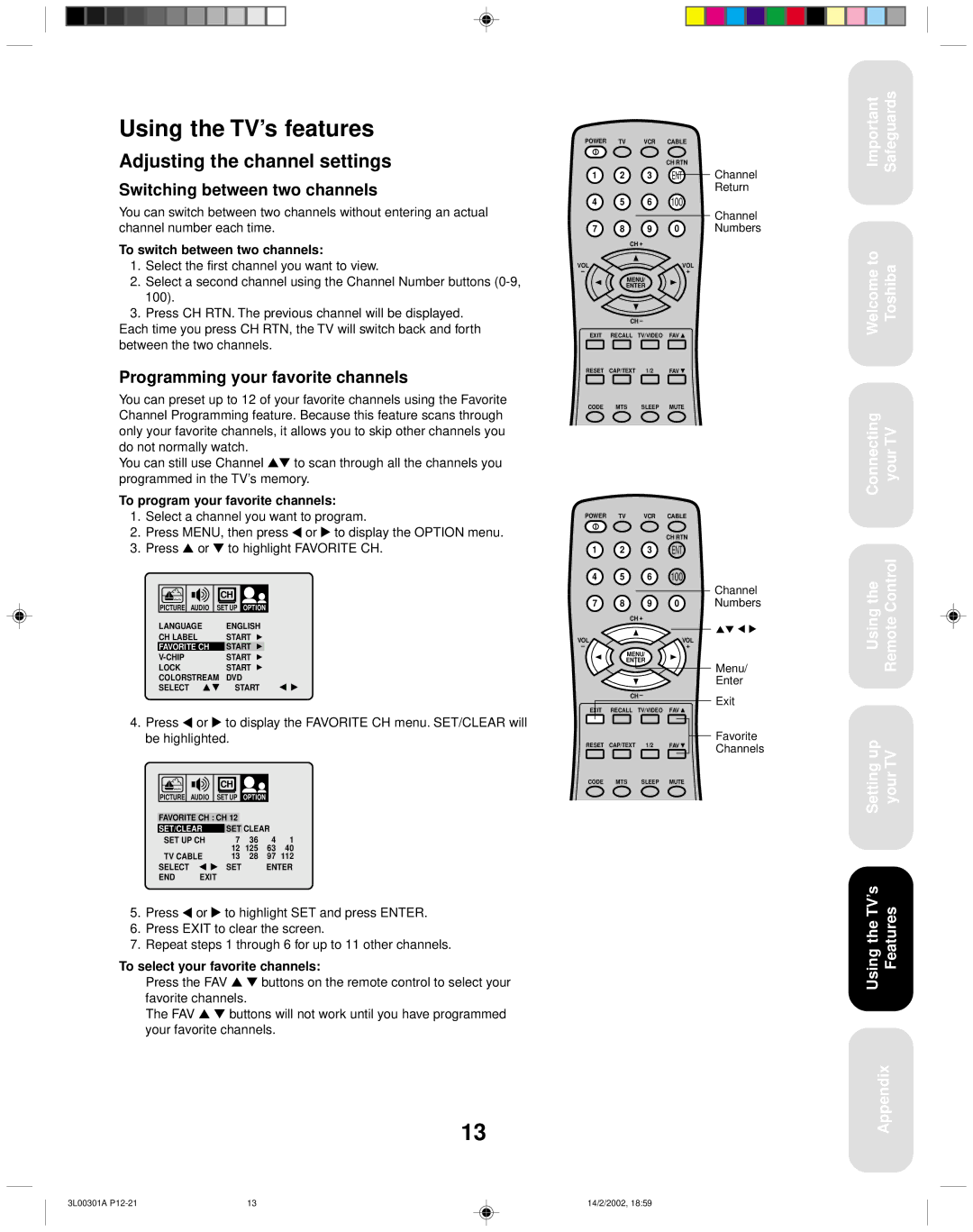 Toshiba 14AF42 appendix Using the TV’s features, Adjusting the channel settings, Switching between two channels 