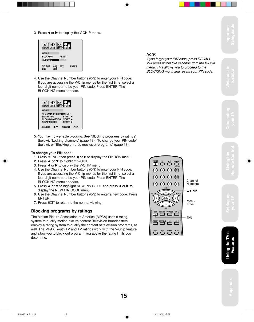 Toshiba 14AF42 appendix Blocking programs by ratings, Press or to display the V-CHIP menu, To change your PIN code 