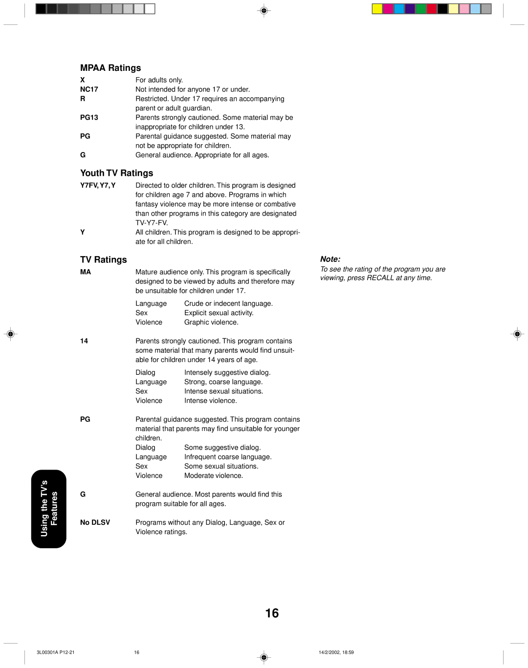 Toshiba 14AF42 appendix Mpaa Ratings, Youth TV Ratings 