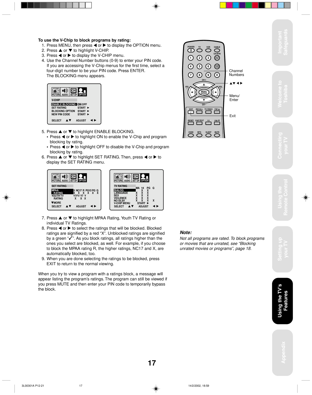 Toshiba 14AF42 appendix To use the V-Chip to block programs by rating, Dialog Rating 