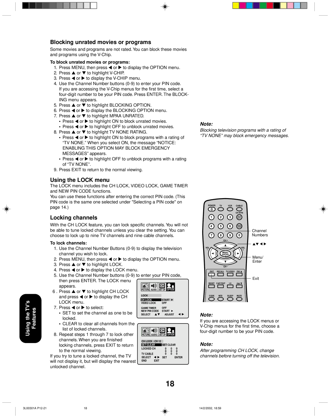 Toshiba 14AF42 appendix Blocking unrated movies or programs, Using the Lock menu, Locking channels 