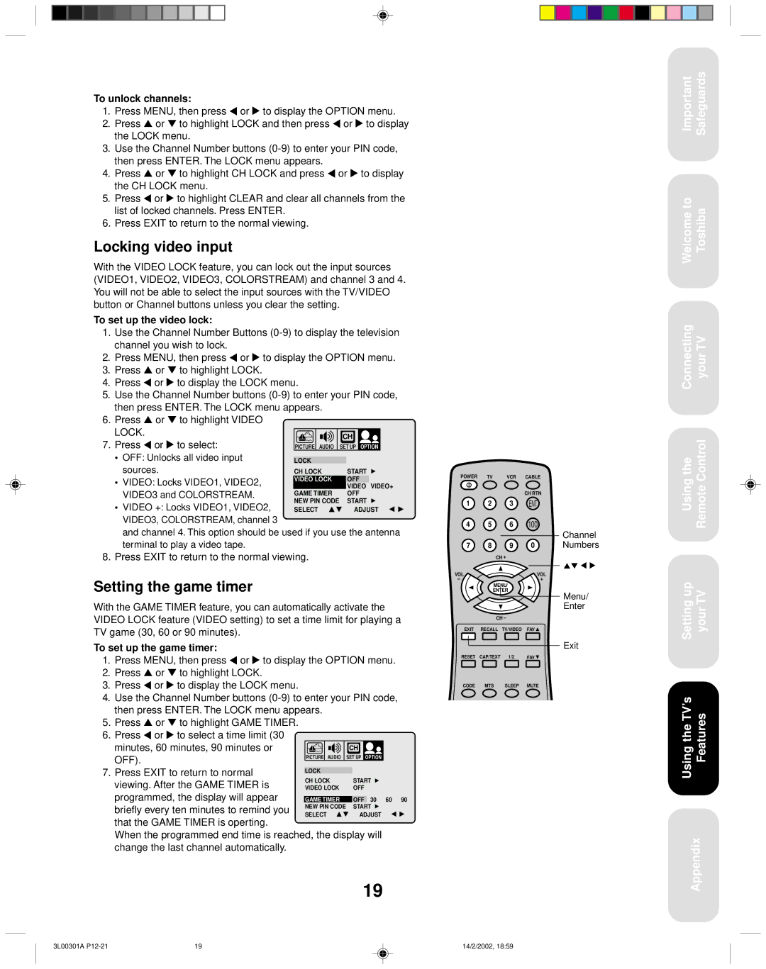 Toshiba 14AF42 appendix Locking video input, Setting the game timer 