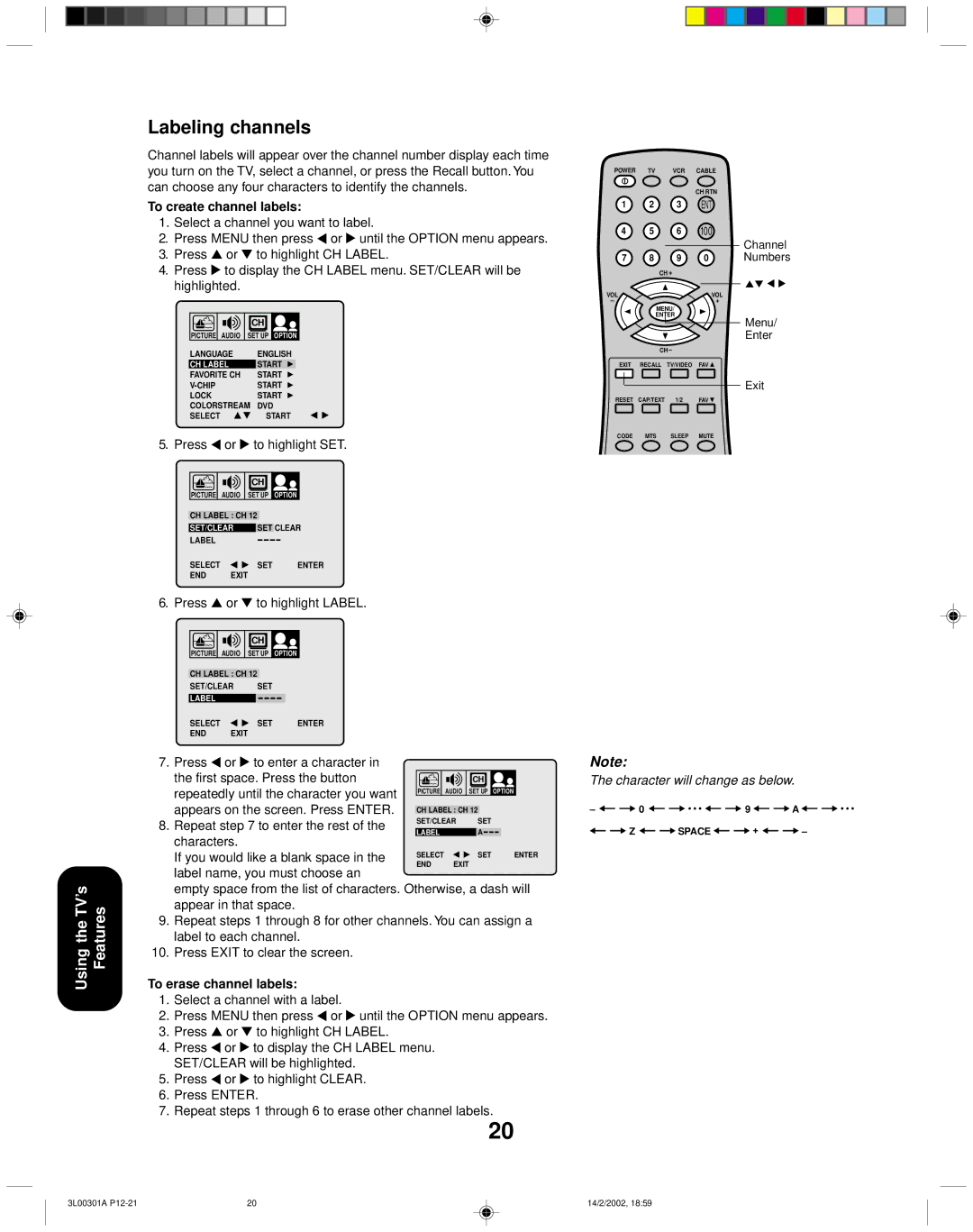 Toshiba 14AF42 appendix Labeling channels 