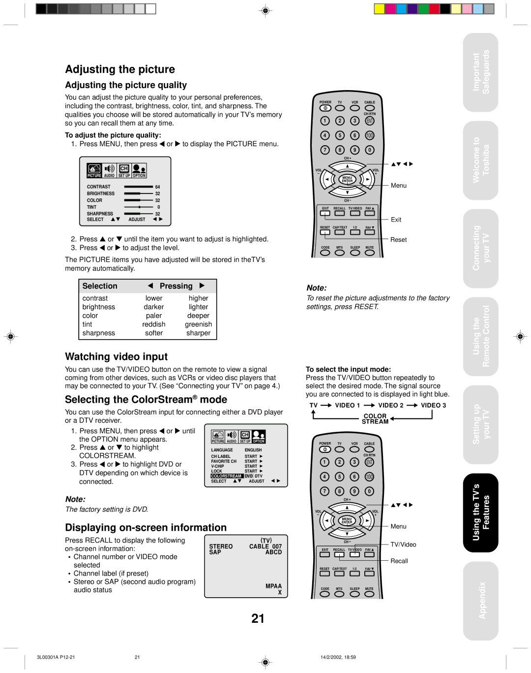 Toshiba 14AF42 appendix Watching video input, Selecting the ColorStream mode, Displaying on-screen information 