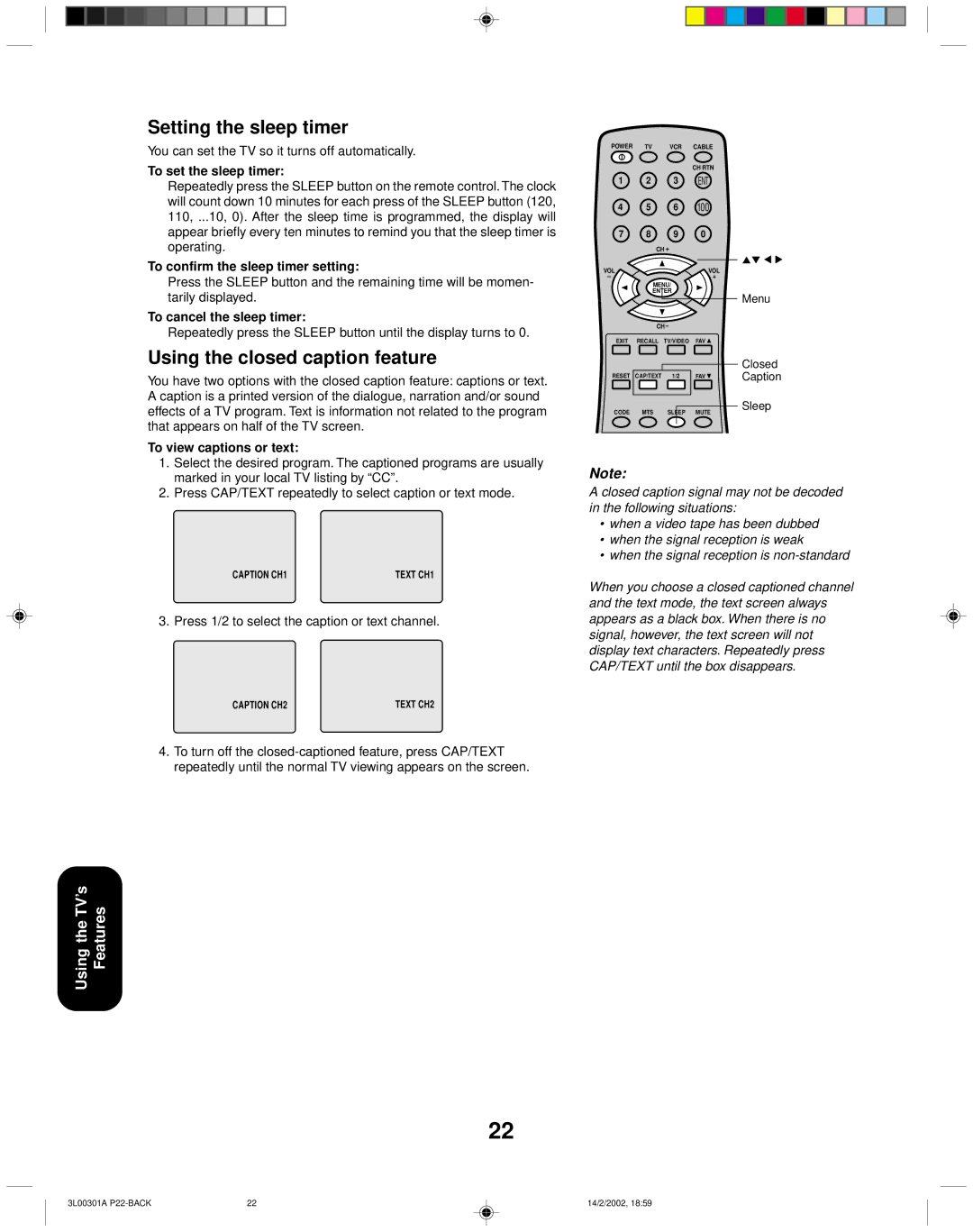 Toshiba 14AF42 appendix Setting the sleep timer, Using the closed caption feature 