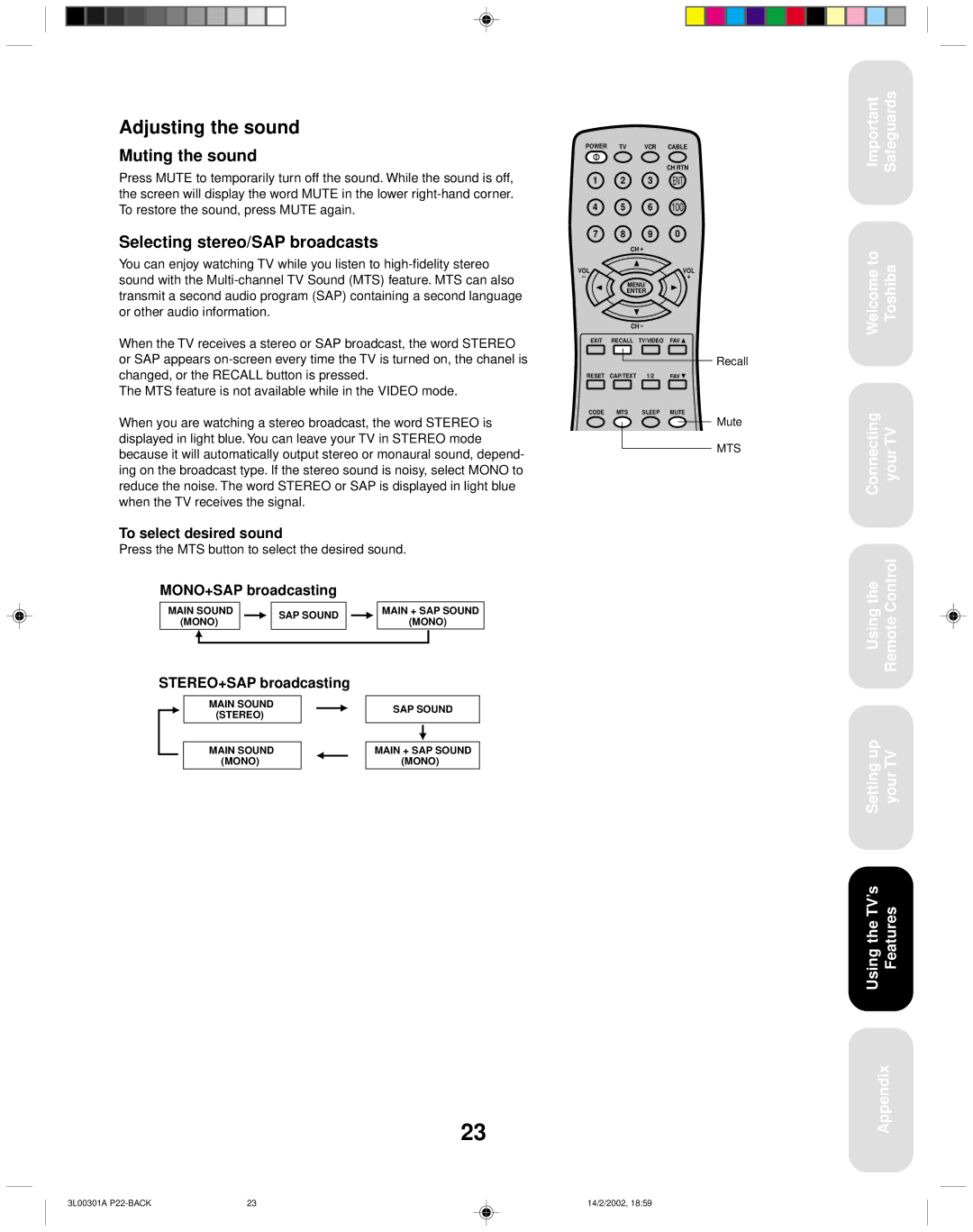 Toshiba 14AF42 appendix Adjusting the sound, Muting the sound, Selecting stereo/SAP broadcasts 