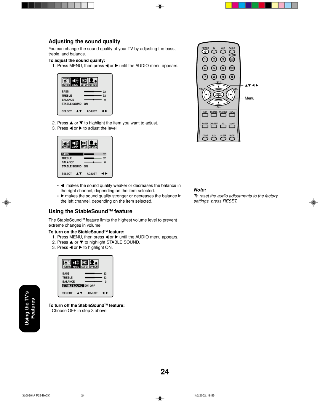 Toshiba 14AF42 appendix Adjusting the sound quality, Using the StableSoundTM feature, To adjust the sound quality 