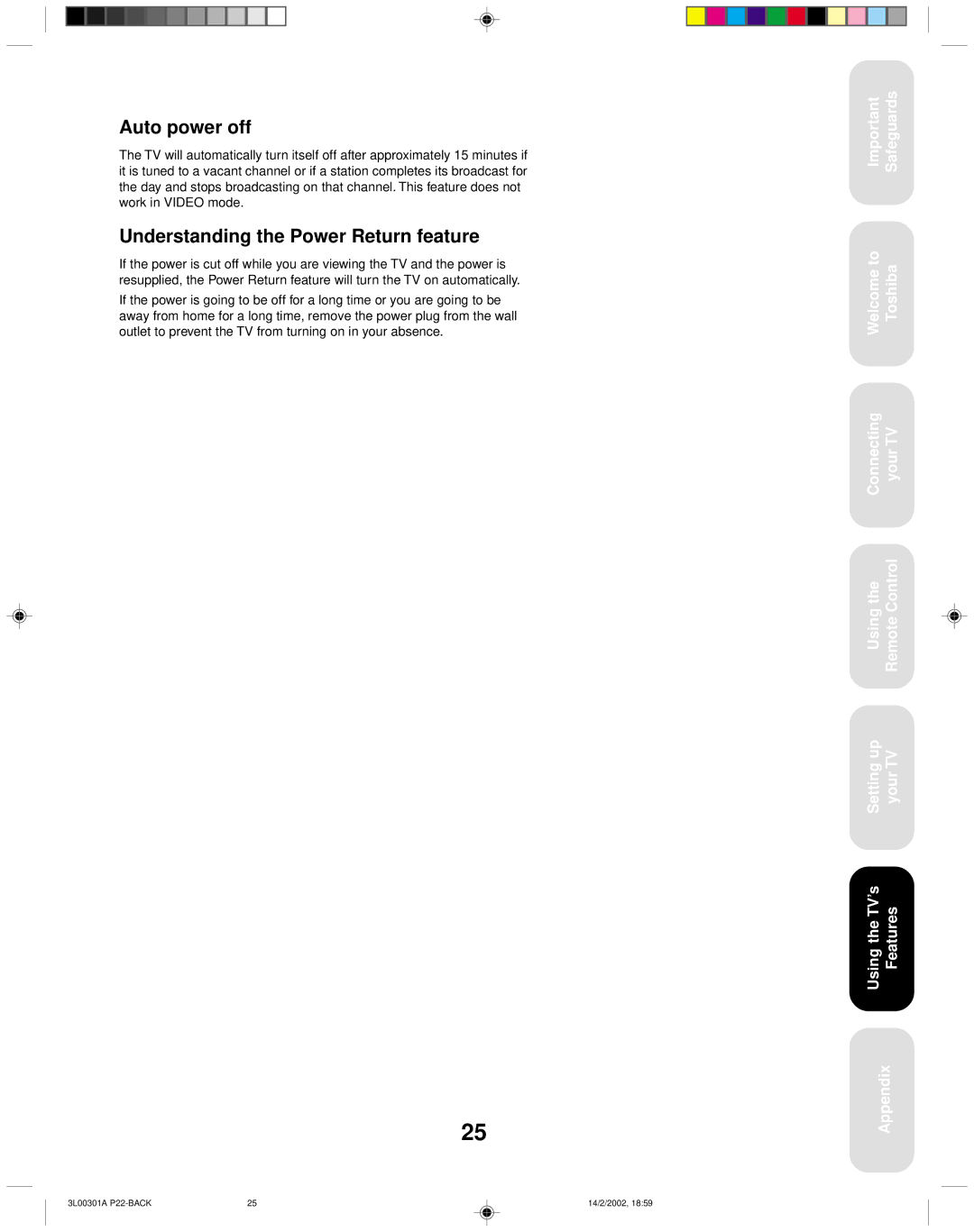 Toshiba 14AF42 appendix Auto power off, Understanding the Power Return feature 