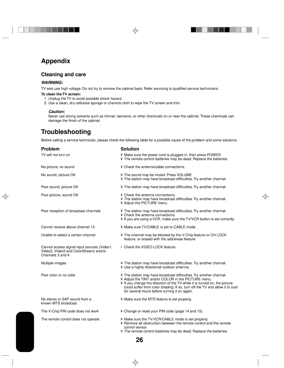 Toshiba 14AF42 appendix Appendix, Troubleshooting, Cleaning and care, Problem, Solution 