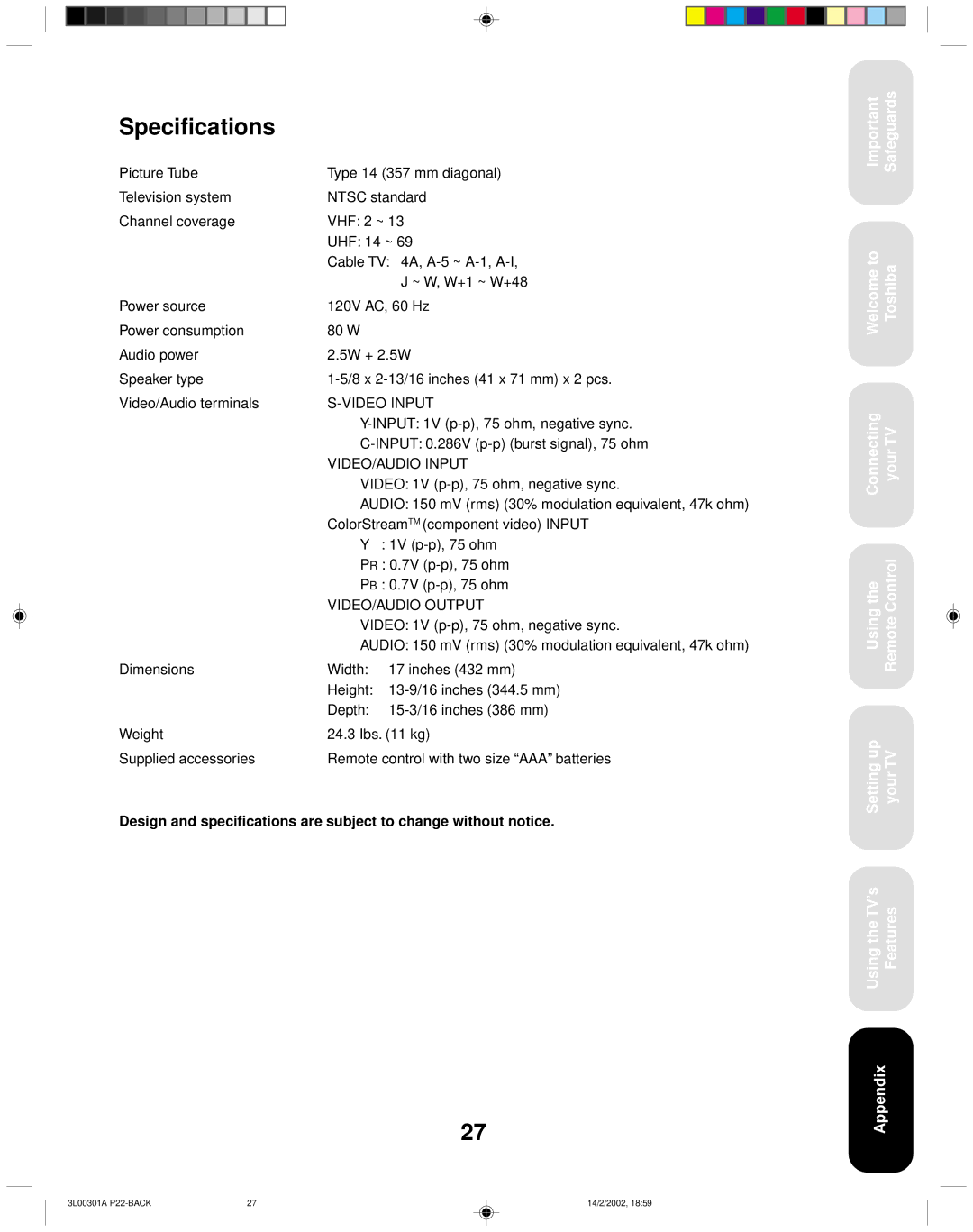 Toshiba 14AF42 appendix Specifications, VIDEO/AUDIO Input 