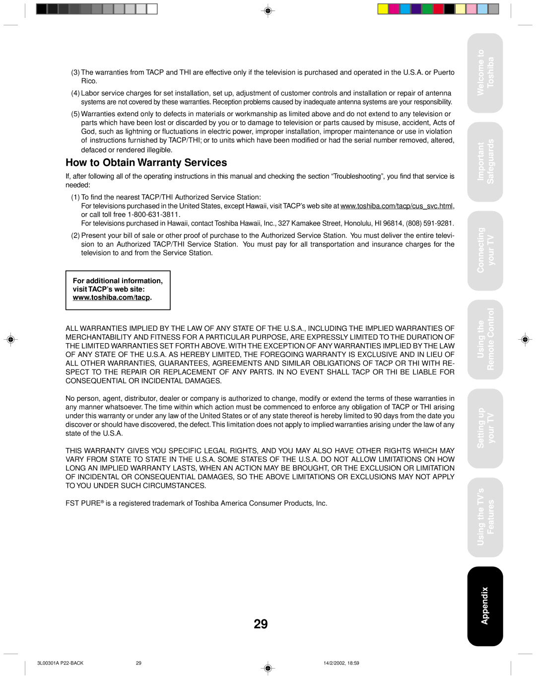 Toshiba 14AF42 appendix How to Obtain Warranty Services 