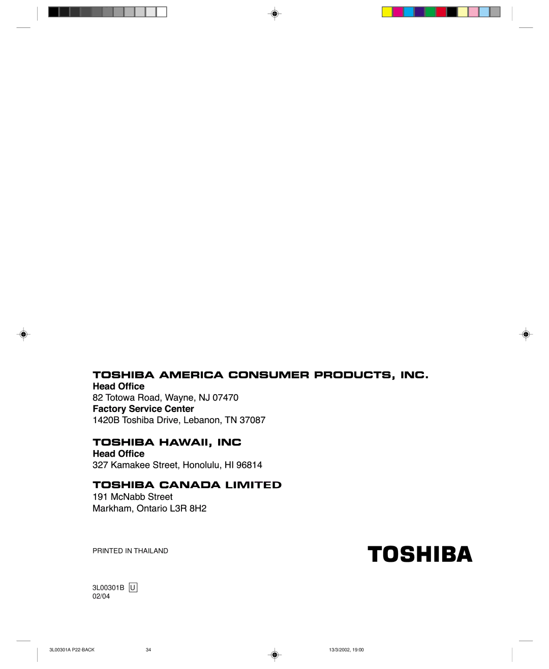 Toshiba 14AF42 appendix 3L00301B U 02/04 