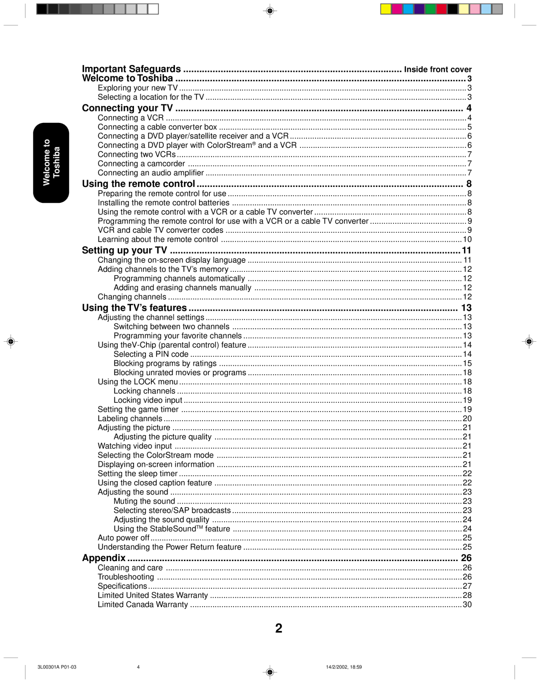 Toshiba 14AF42 appendix Welcome to Toshiba, Connecting your TV, Using the remote control, Setting up your TV, Appendix 