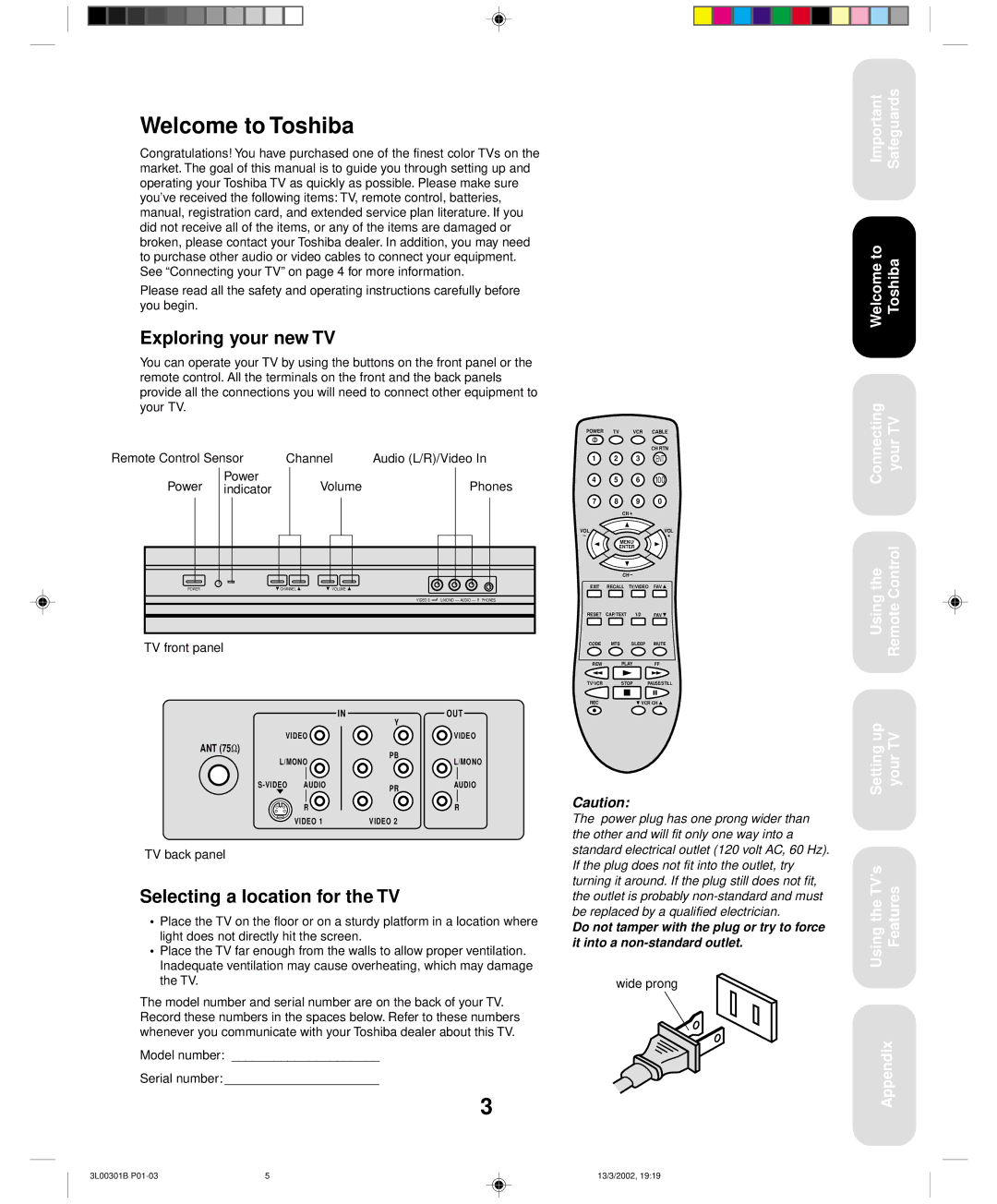 Toshiba 14AF42 appendix Welcome to Toshiba, Exploring your new TV, Selecting a location for the TV 