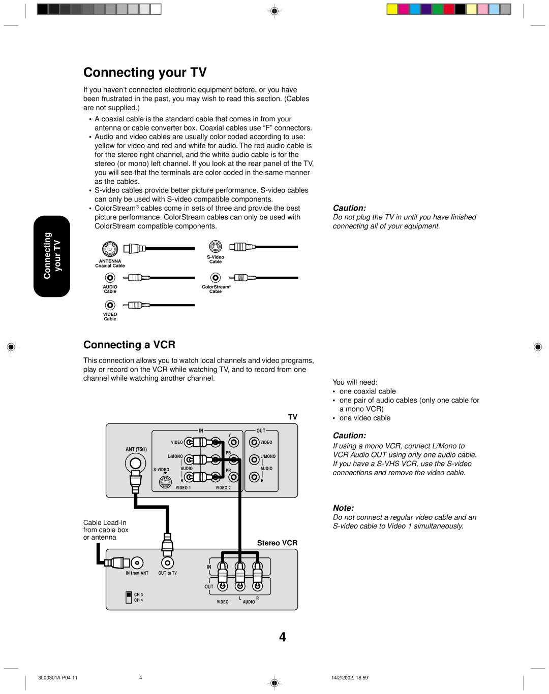 Toshiba 14AF42 appendix Connecting your TV, Connecting a VCR, ColorStream compatible components, Stereo VCR 