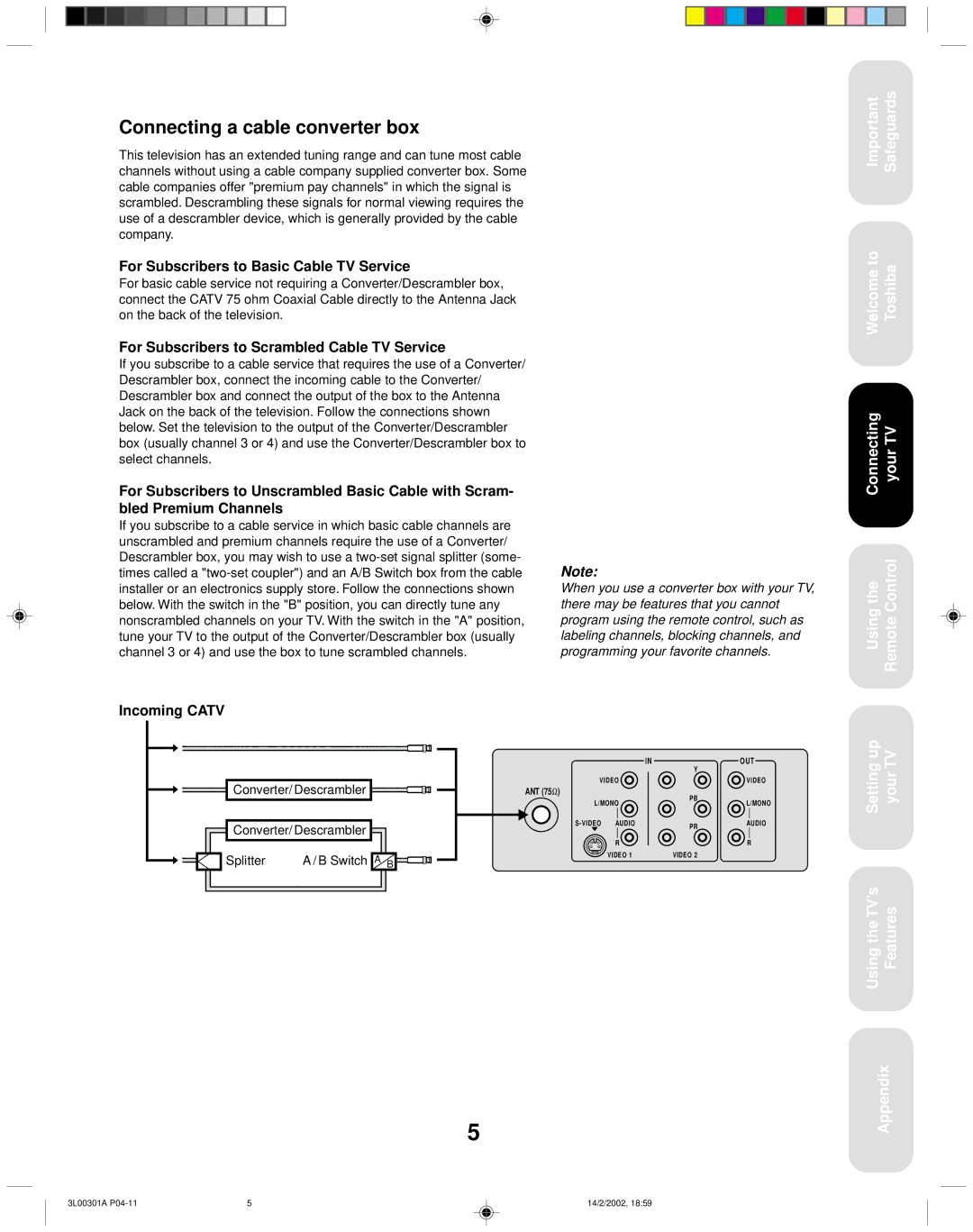 Toshiba 14AF42 appendix Connecting a cable converter box, Converter/ Descrambler Splitter Switch a B 