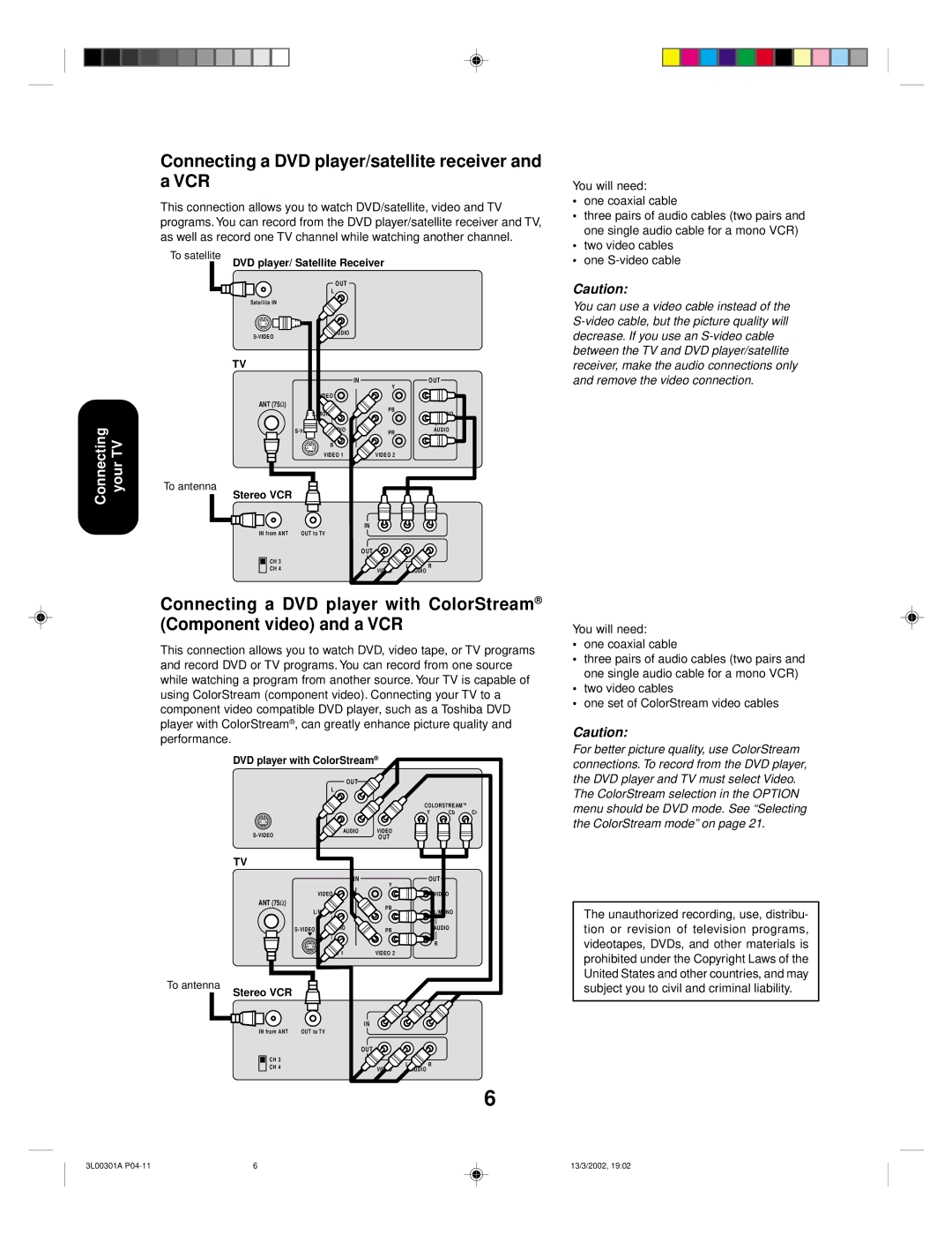 Toshiba 14AF42 appendix Connecting a DVD player/satellite receiver and a VCR, You will need One coaxial cable 