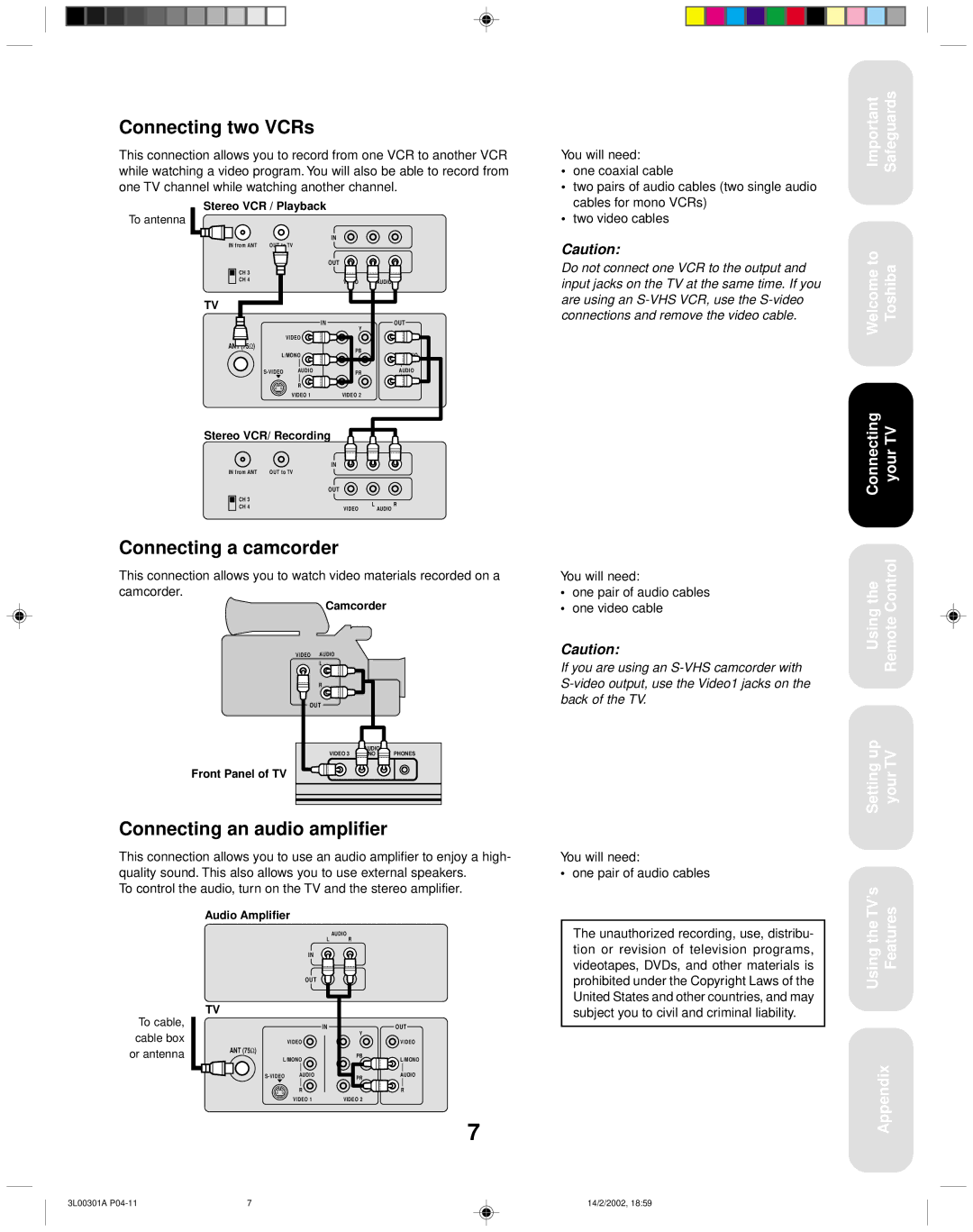 Toshiba 14AF42 appendix Connecting two VCRs, Connecting a camcorder, Connecting an audio amplifier 