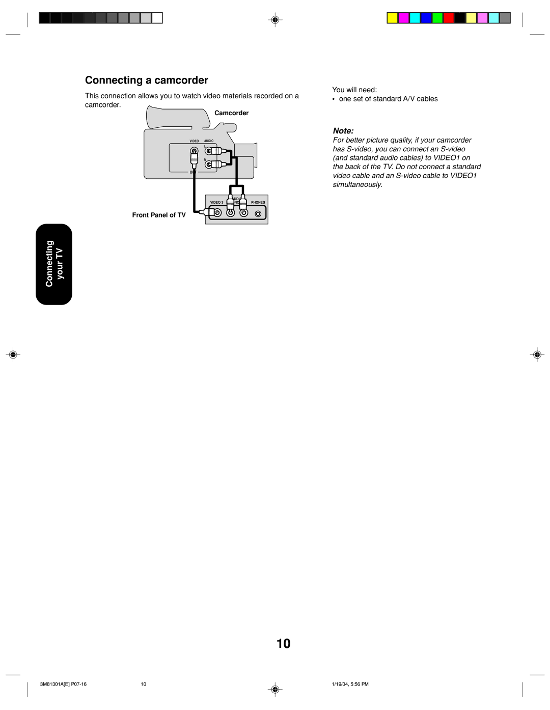 Toshiba 14AF44 appendix Connecting a camcorder, You will need One set of standard A/V cables, Camcorder, Front Panel of TV 