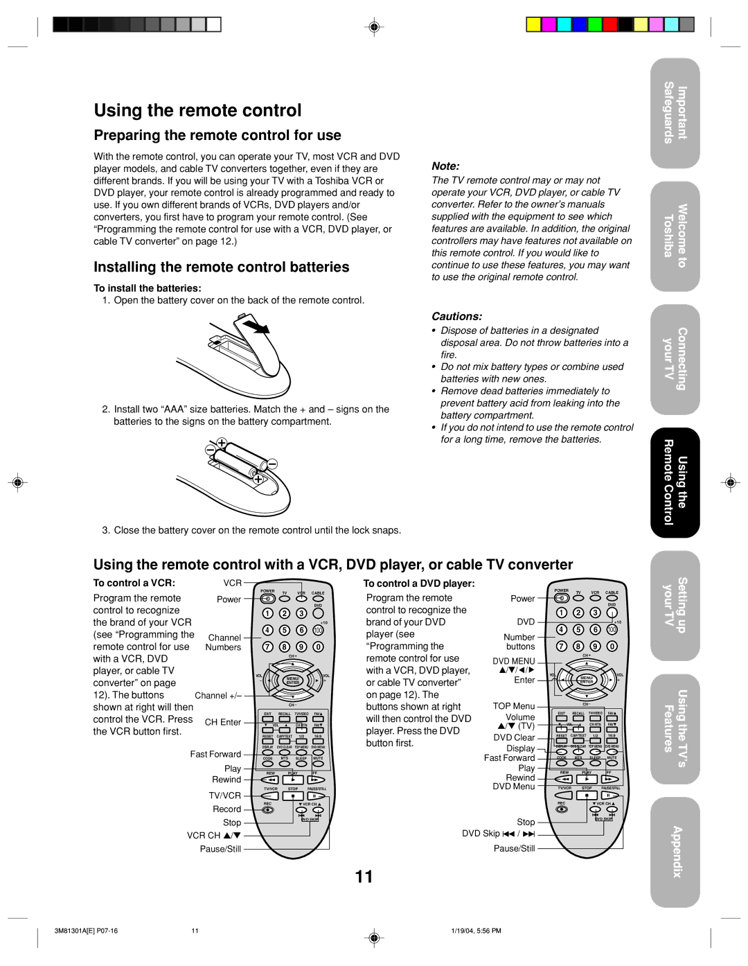 Toshiba 14AF44 Using the remote control, Preparing the remote control for use, Installing the remote control batteries 