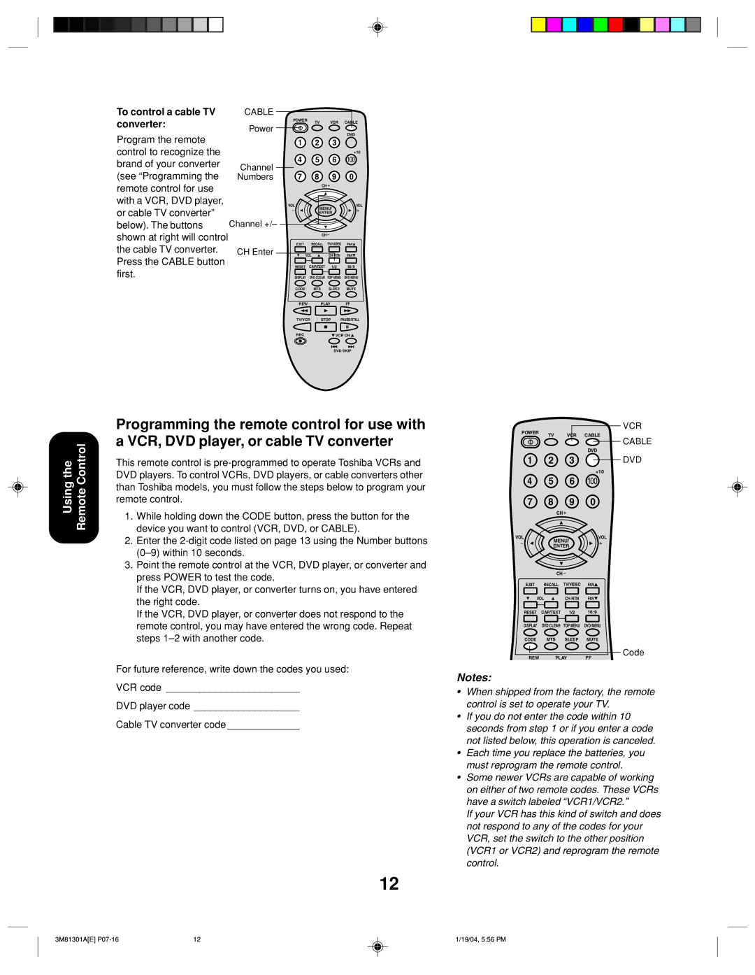 Toshiba 14AF44 appendix To control a cable TV, Converter, 100, Code 