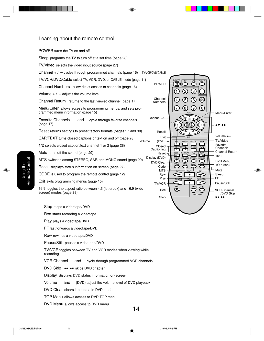 Toshiba 14AF44 appendix Learning about the remote control, Vol 