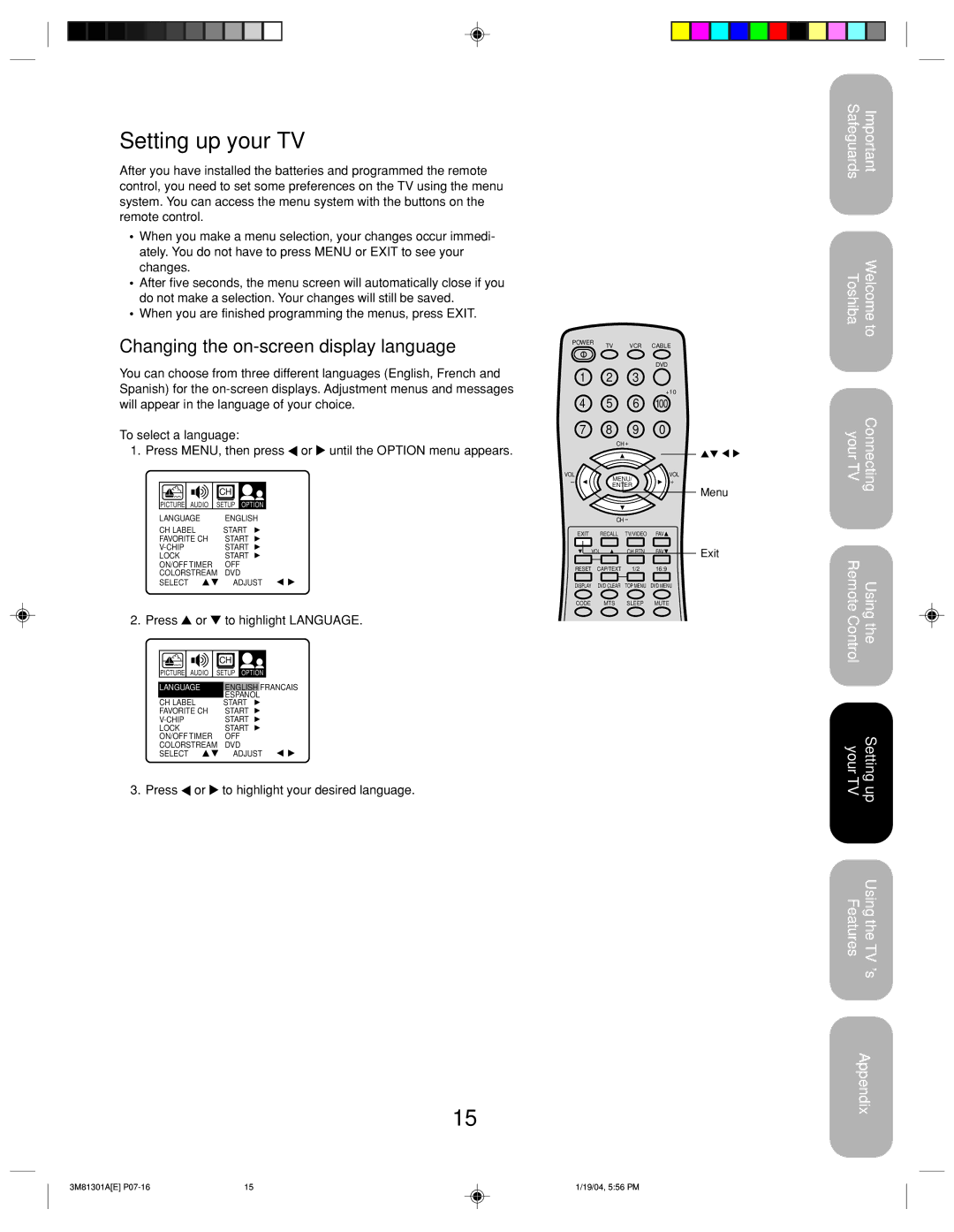 Toshiba 14AF44 appendix Setting up your TV, Changing the on-screen display language, To select a language 