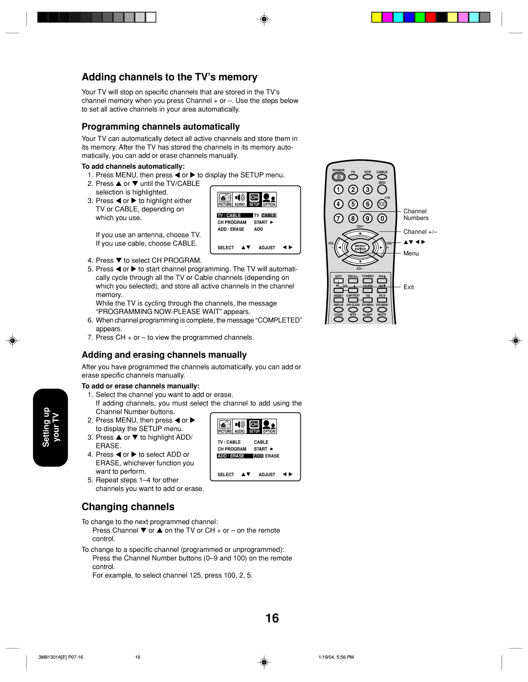 Toshiba 14AF44 appendix Adding channels to the TV’s memory, Changing channels, Programming channels automatically 