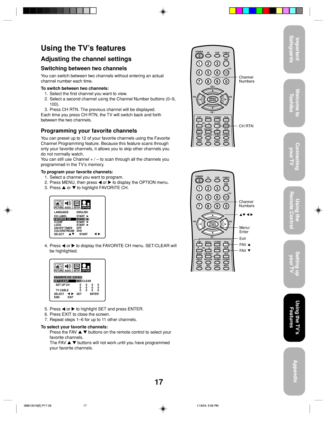 Toshiba 14AF44 appendix Using the TV’s features, Adjusting the channel settings, Switching between two channels 