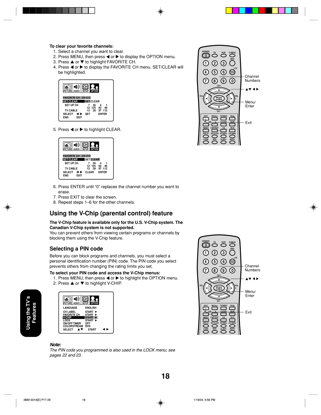 Toshiba 14AF44 appendix Using the V-Chip parental control feature, Selecting a PIN code, To clear your favorite channels 