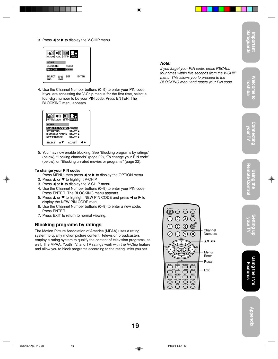 Toshiba 14AF44 appendix Blocking programs by ratings, Press or to display the V-CHIP menu, To change your PIN code, Recall 