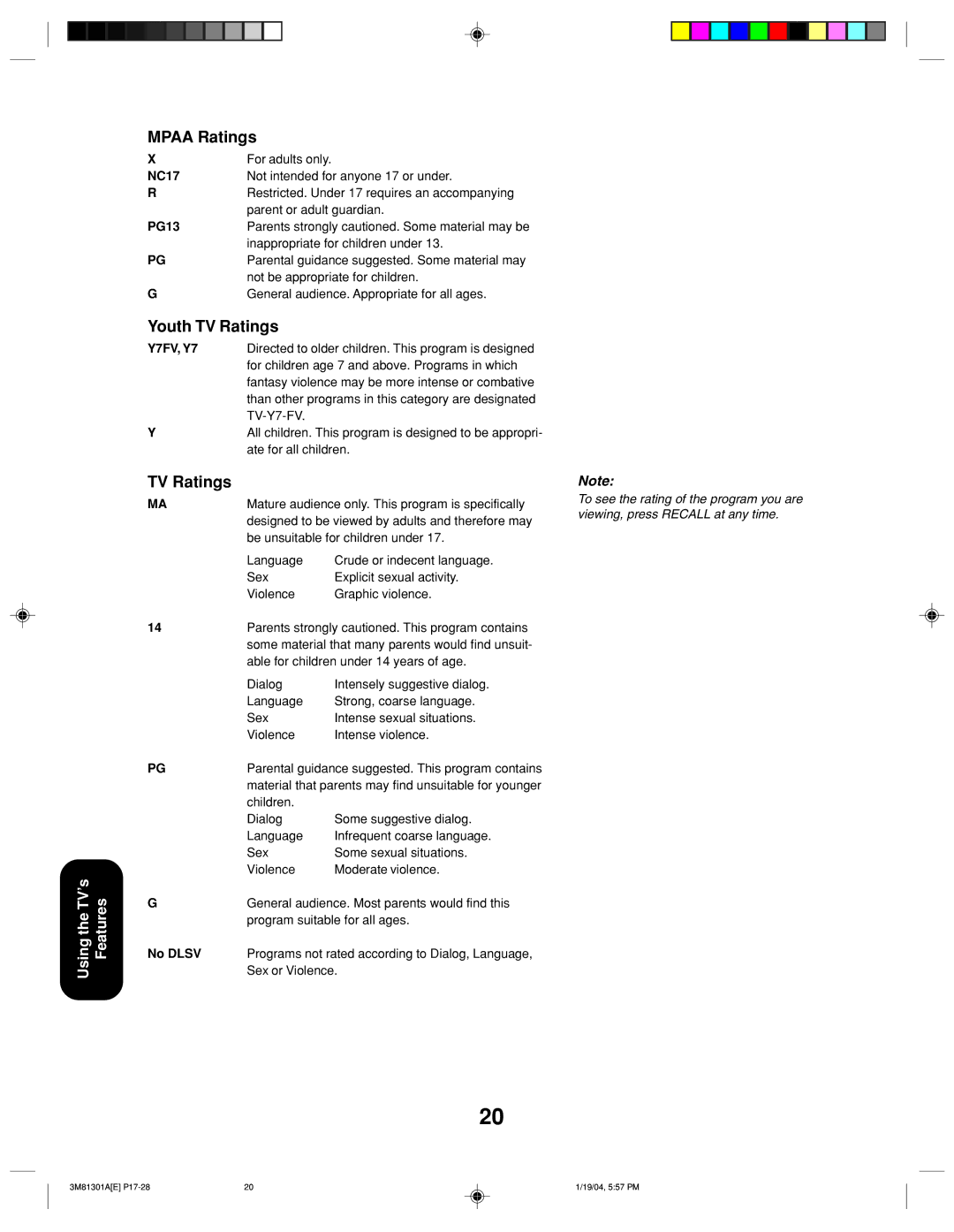 Toshiba 14AF44 appendix Mpaa Ratings, Youth TV Ratings 