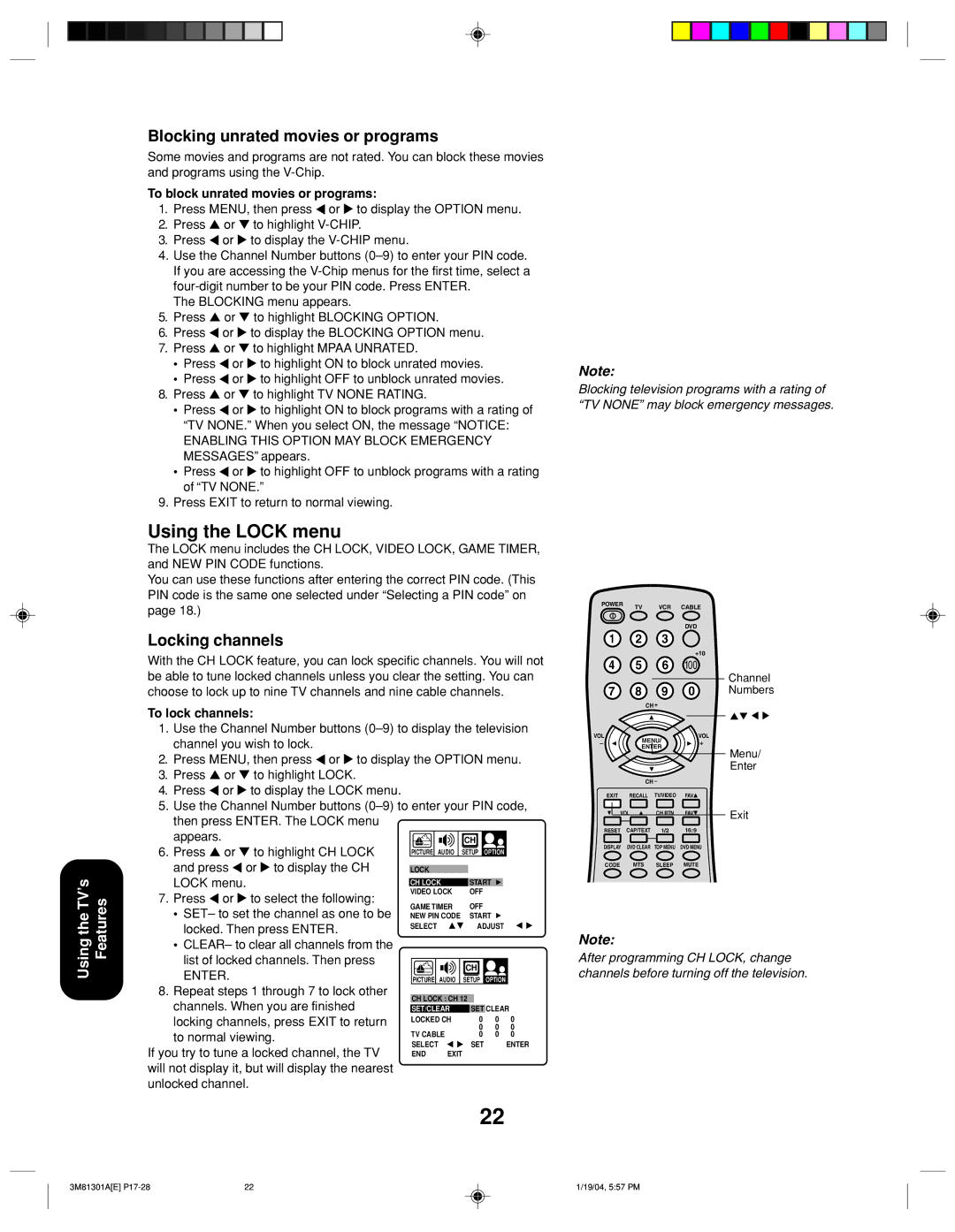 Toshiba 14AF44 appendix Using the Lock menu, Blocking unrated movies or programs, Locking channels 