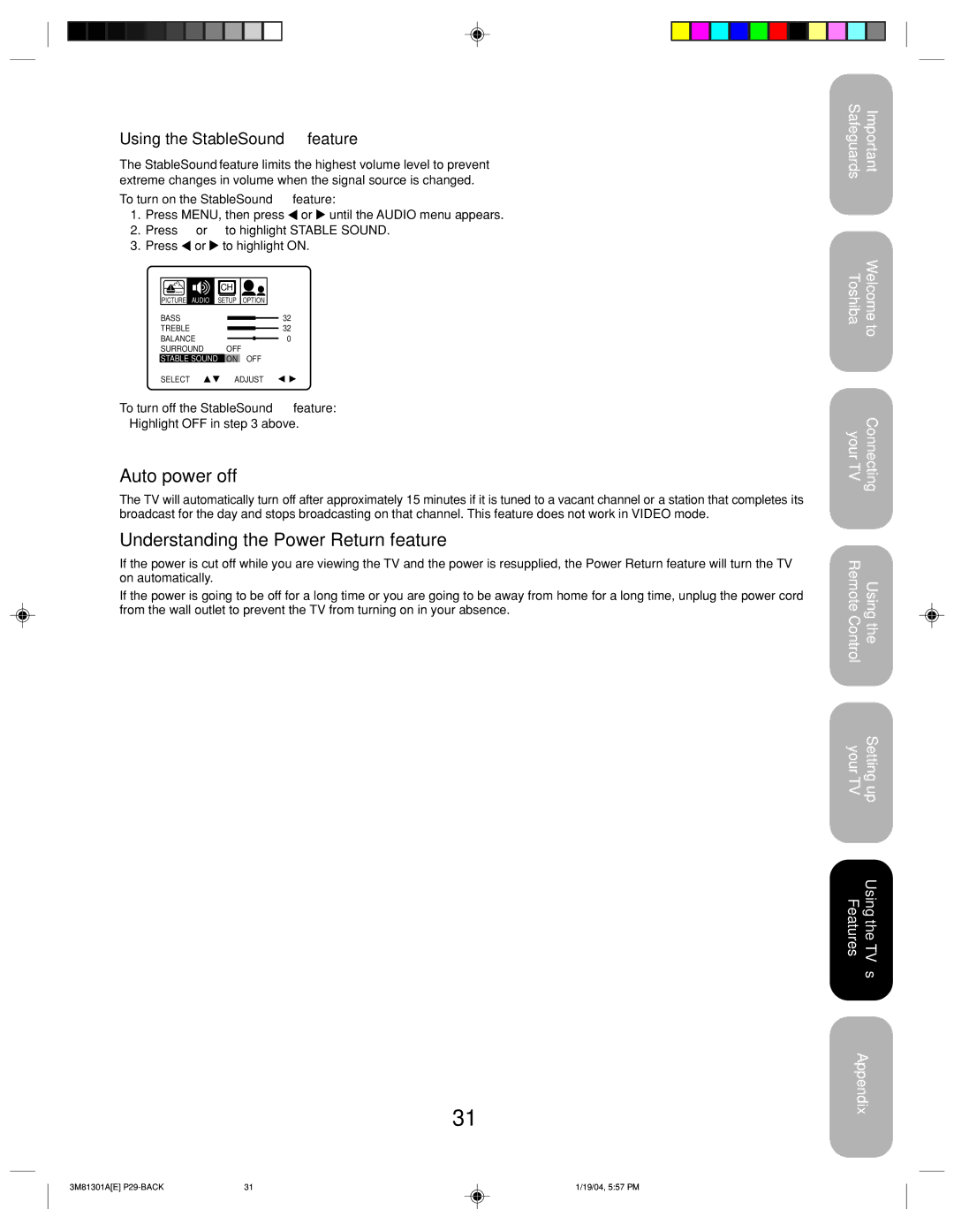 Toshiba 14AF44 appendix Auto power off, Understanding the Power Return feature, Using the StableSound feature 