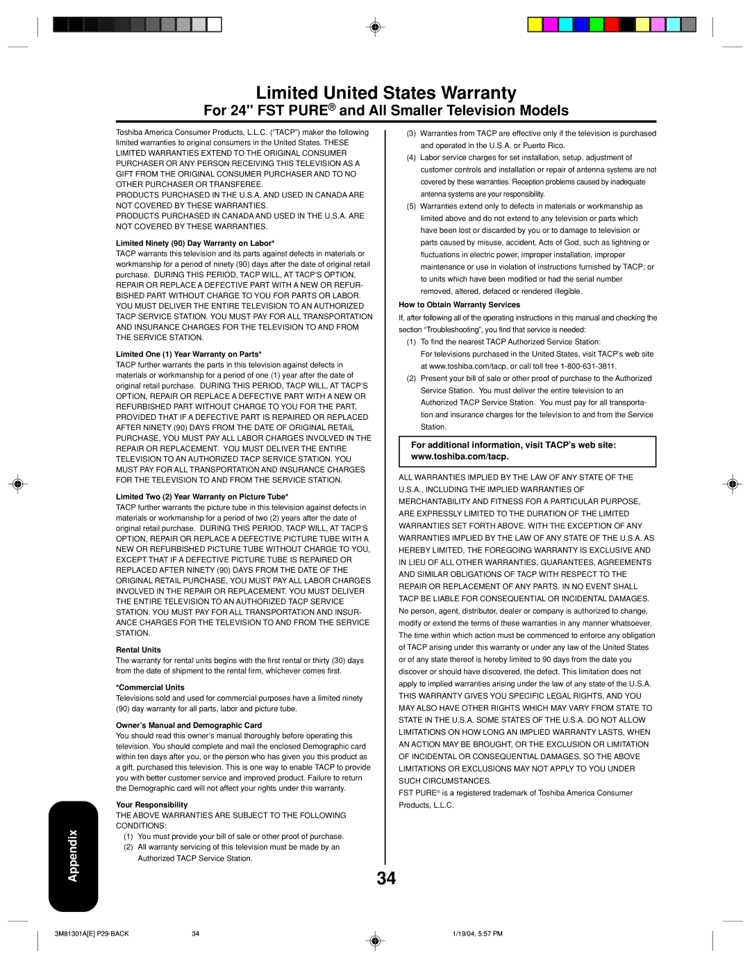 Toshiba 14AF44 appendix Limited United States Warranty, For 24 FST Pure and All Smaller Television Models 