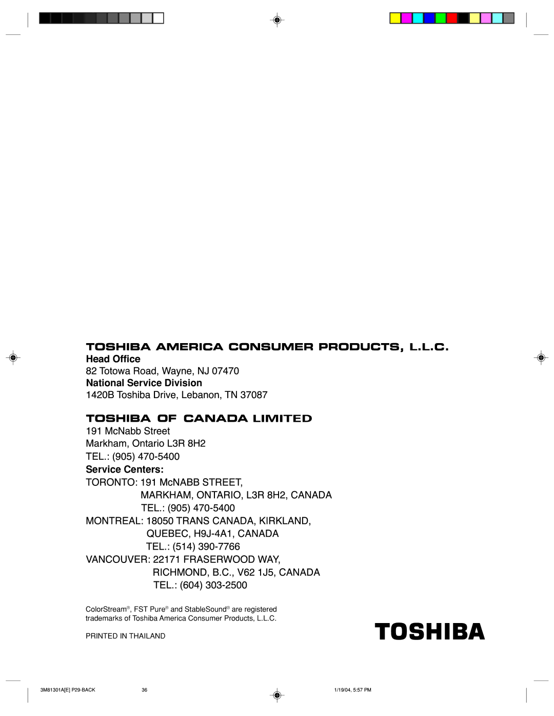 Toshiba 14AF44 appendix TORONTONationalEL.905Service470-5400Division 