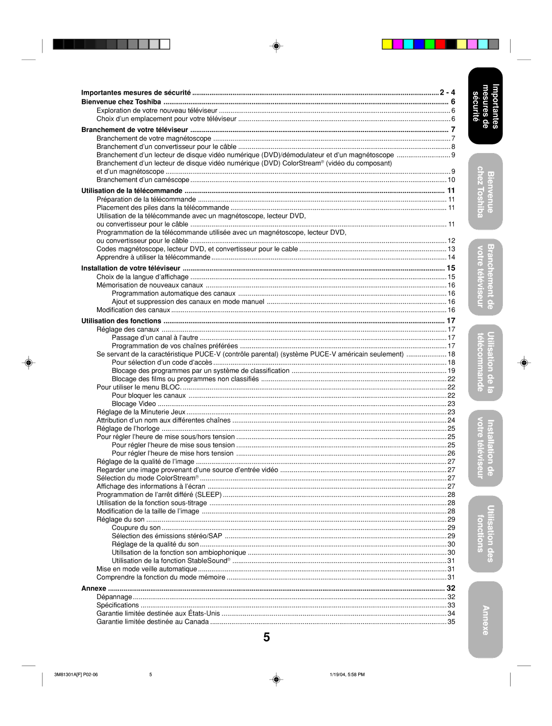 Toshiba 14AF44 appendix Importantes mesures de sécurité Bienvenue chez Toshiba, Branchement de votre téléviseur, Annexe 