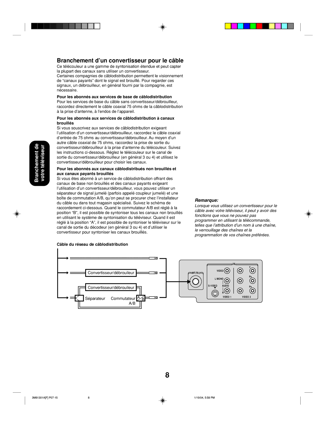 Toshiba 14AF44 appendix Branchement d’un convertisseur pour le câble, La prise d’antenne, à l’endos de l’appareil 