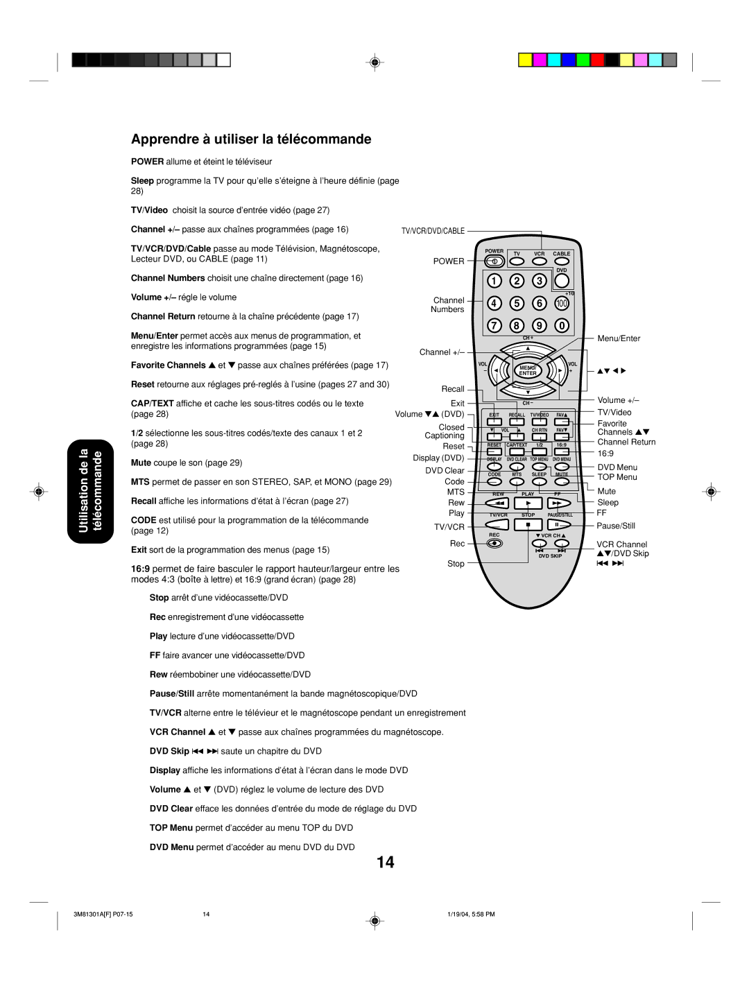 Toshiba 14AF44 appendix Apprendre à utiliser la télécommande 