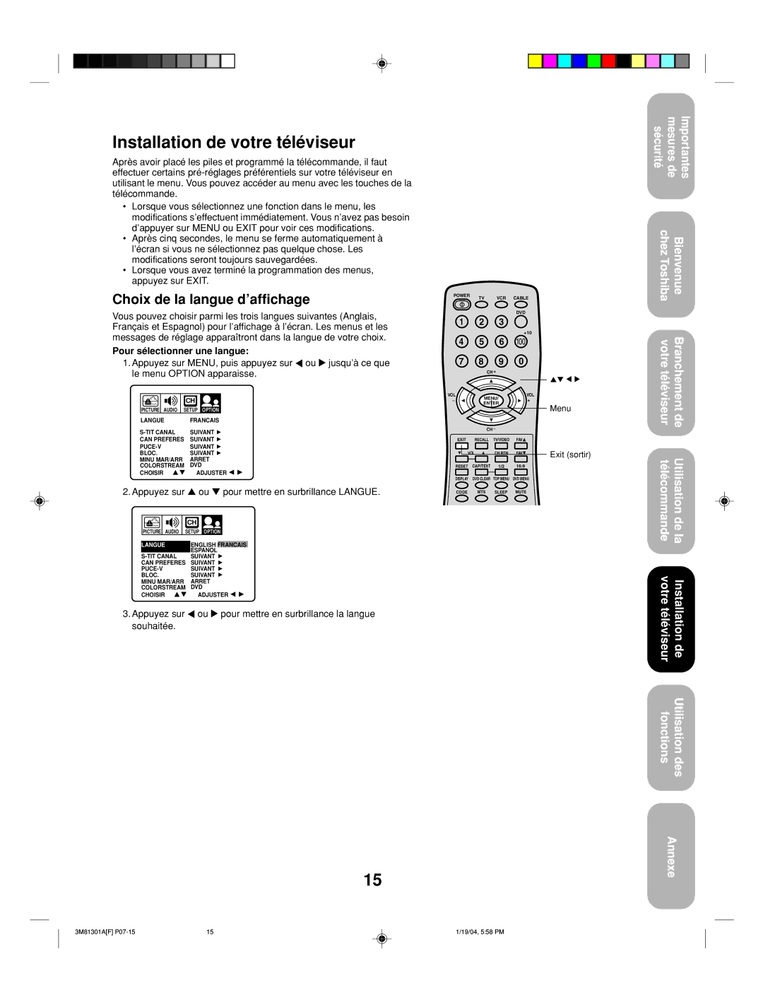 Toshiba 14AF44 appendix Installation de votre téléviseur, Choix de la langue d’affichage, Pour sélectionner une langue 