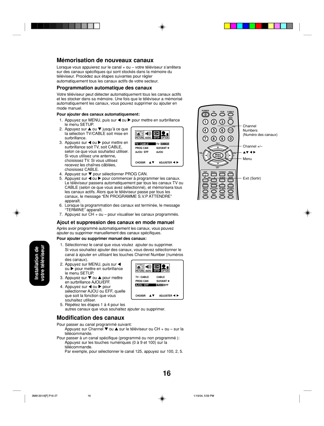 Toshiba 14AF44 appendix Mémorisation de nouveaux canaux, Modification des canaux, Programmation automatique des canaux 