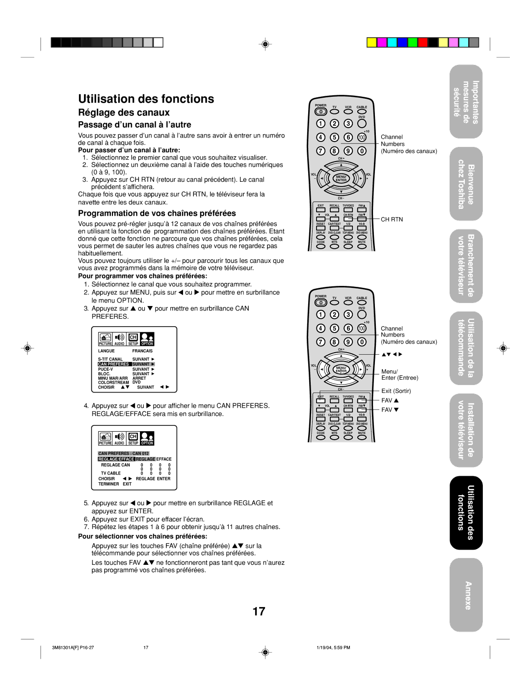 Toshiba 14AF44 appendix Utilisation des fonctions, Réglage des canaux, Passage d’un canal à l’autre 