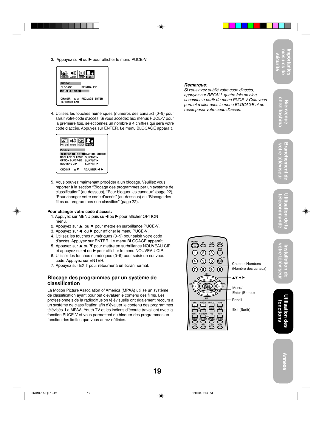 Toshiba 14AF44 appendix Blocage des programmes par un système de classification, Appuyez su ou pour afficher le menu PUCE-V 