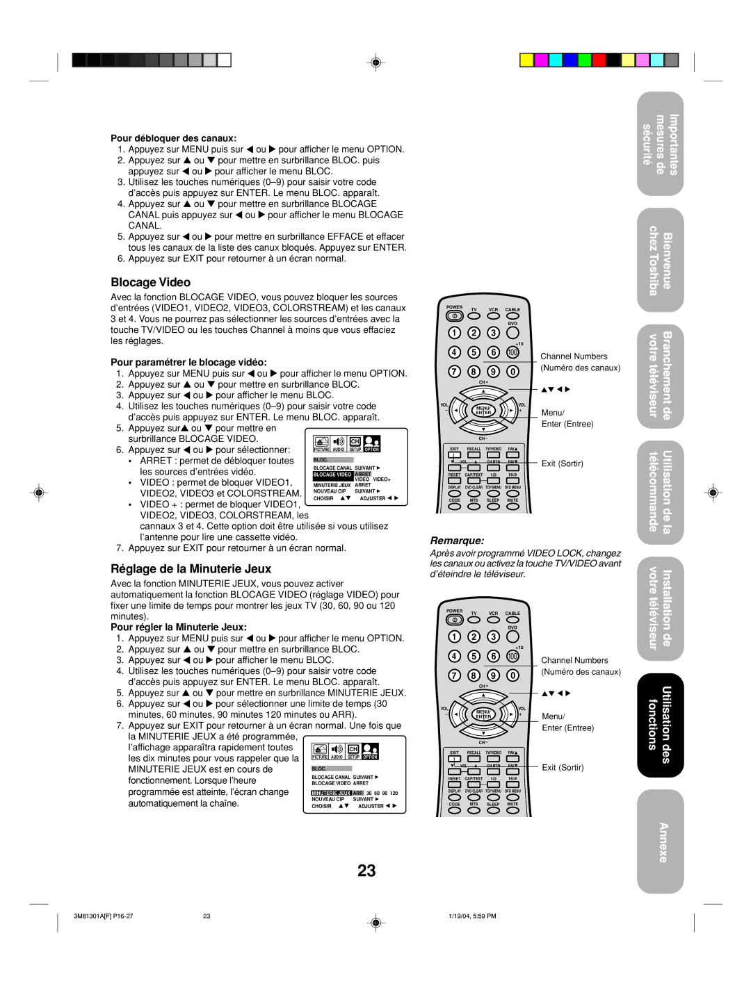 Toshiba 14AF44 appendix Blocage Video, Réglage de la Minuterie Jeux 