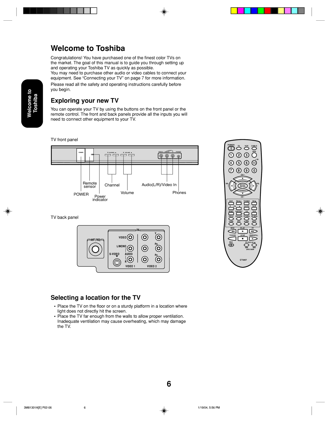 Toshiba 14AF44 appendix Welcome to Toshiba, Exploring your new TV, Selecting a location for the TV 