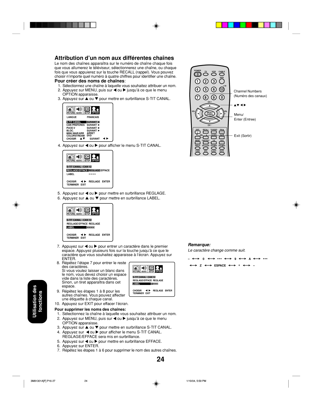 Toshiba 14AF44 appendix Attribution d’un nom aux différentes chaînes, Appuyez sur Ou pour afficher le menu S-TIT Canal 