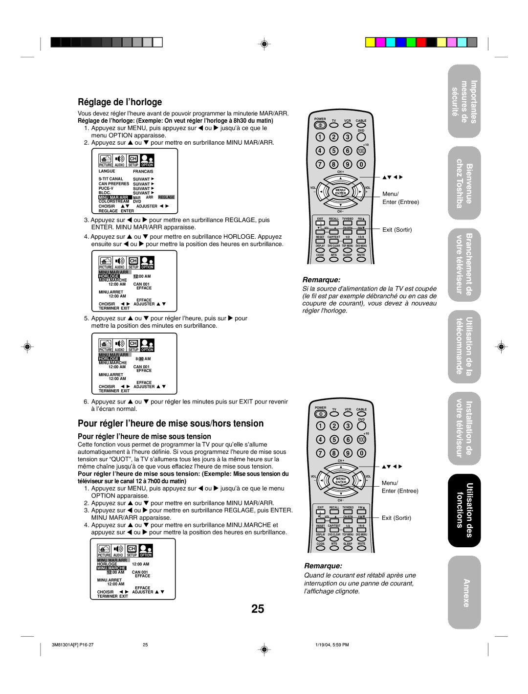 Toshiba 14AF44 appendix Réglage de l’horloge, Pour régler l’heure de mise sous/hors tension 