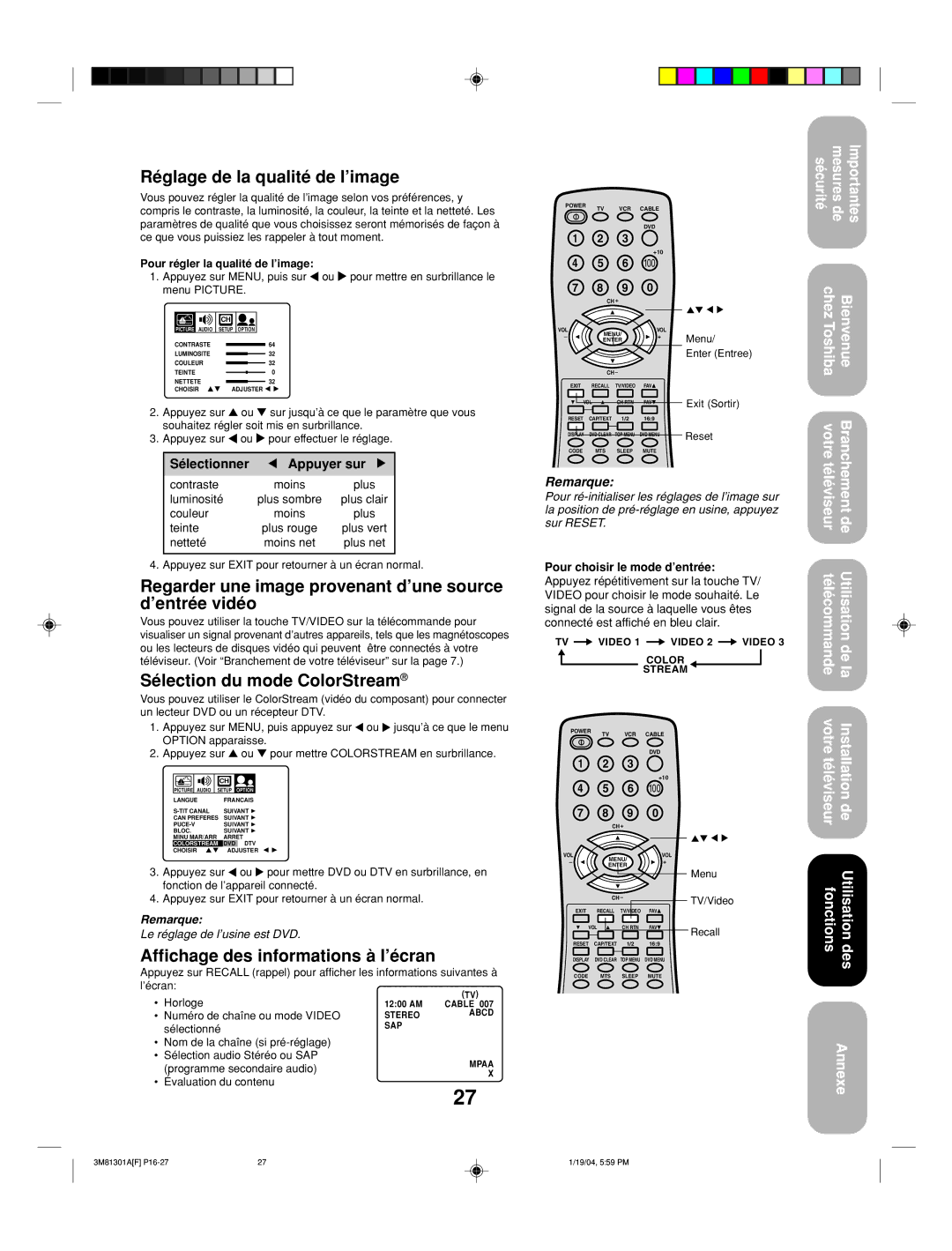 Toshiba 14AF44 appendix Réglage de la qualité de l’image, Regarder une image provenant d’une source d’entrée vidéo 