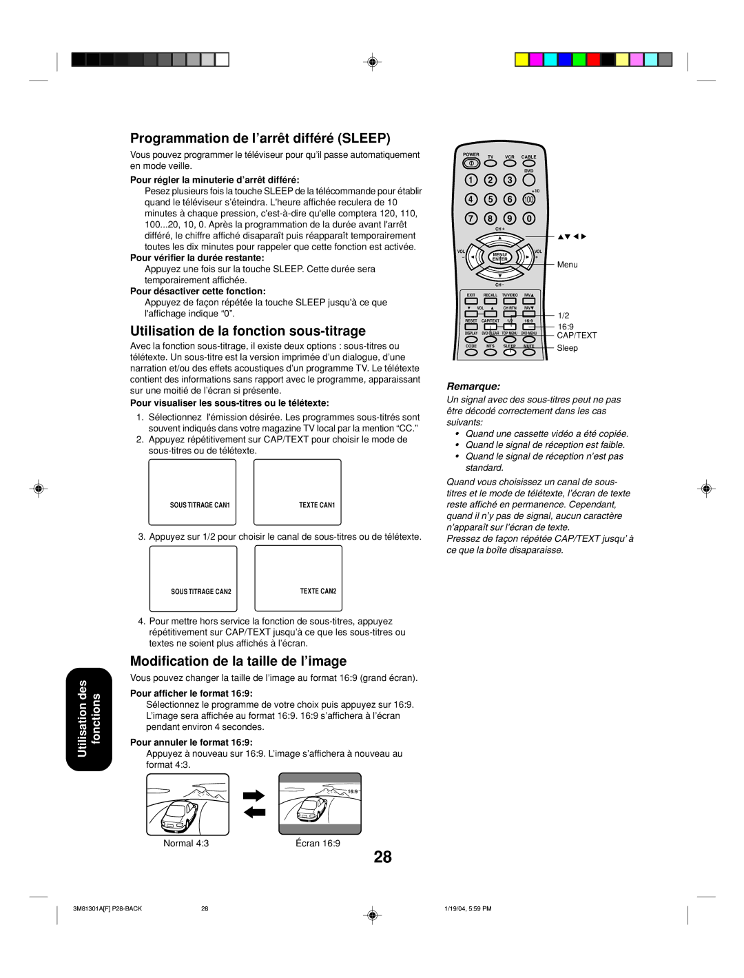 Toshiba 14AF44 appendix Programmation de l’arrêt différé Sleep, Utilisation de la fonction sous-titrage 