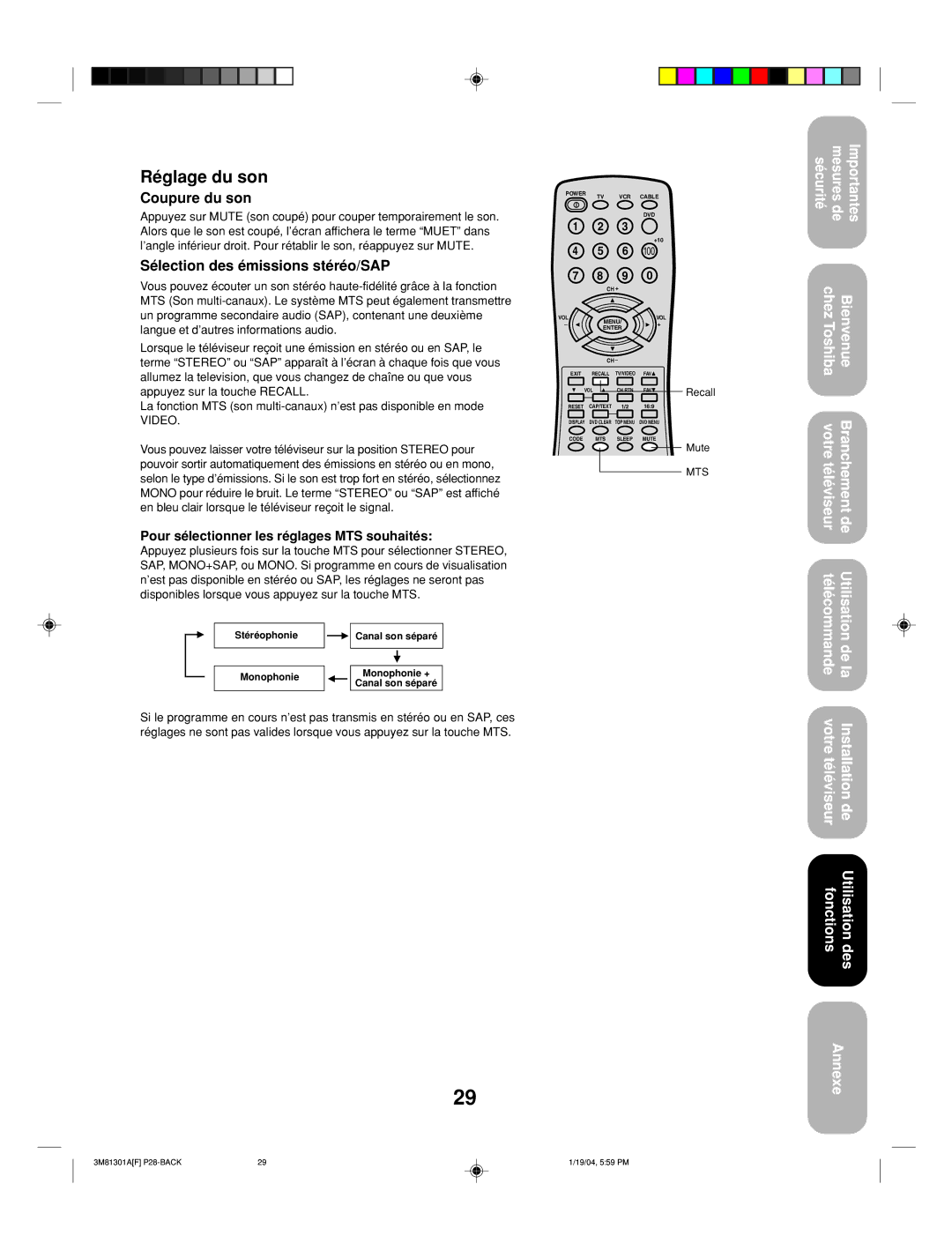 Toshiba 14AF44 appendix Réglage du son, Coupure du son, Sélection des émissions stéréo/SAP 